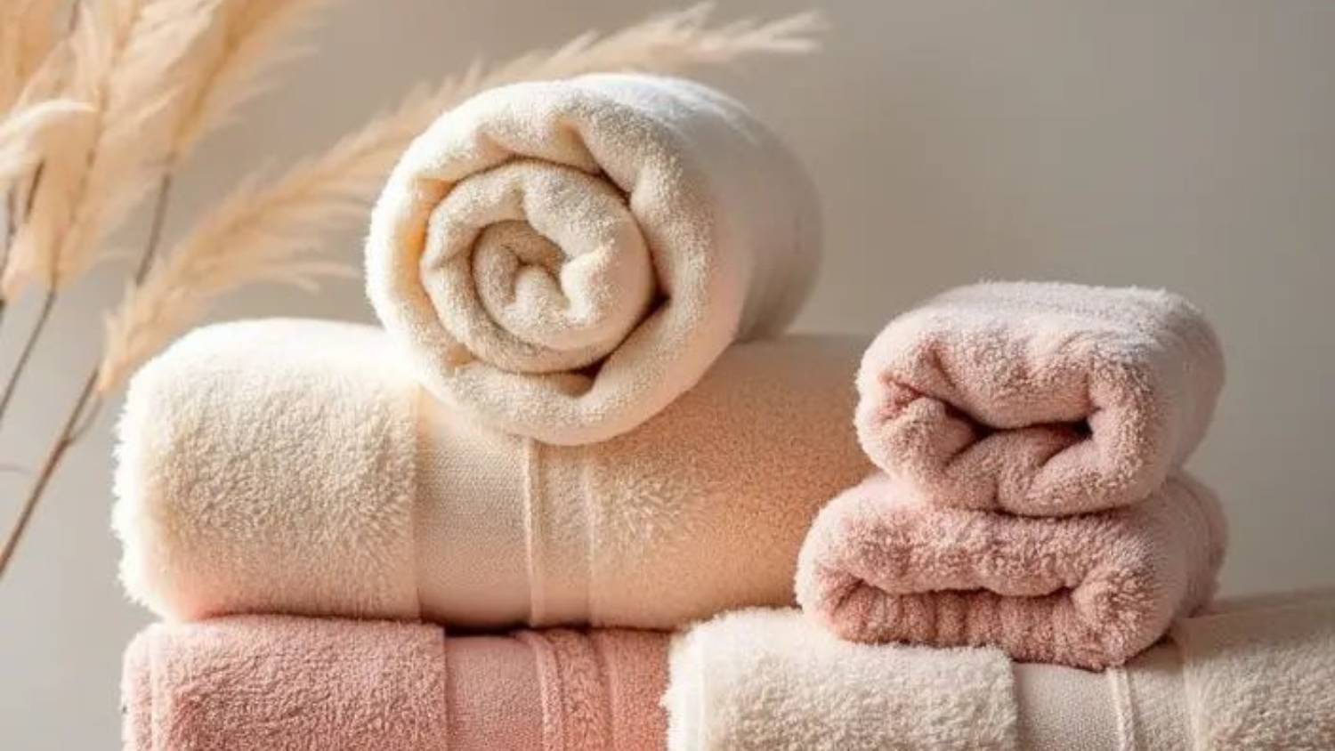 toalhas de banho em tons rosa e bege